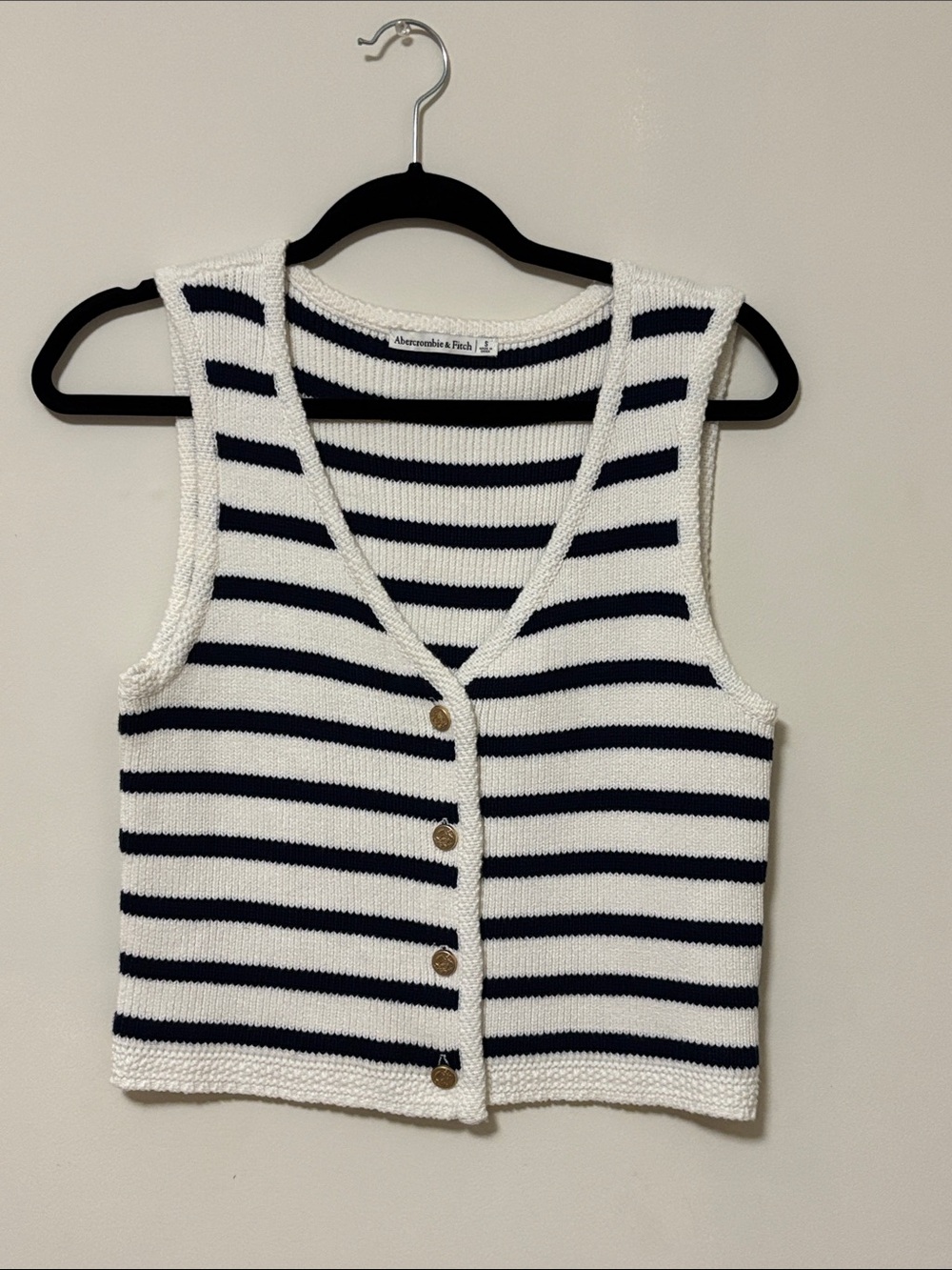 Abercrombie & Fitch White and Navy Striped Knit Button Vest